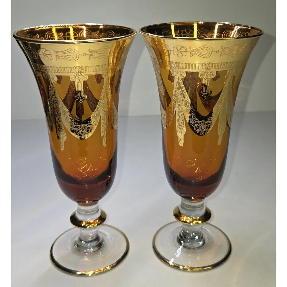 Pair Of Arte Italica Medici Amber Gold Champagne Flutes Goblets Glasses 7.5